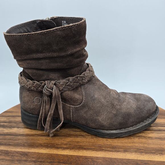 Born Boots Womens 6.5 M Brown Suede Ankle Booties Braided Strap Comfort Tassel - Picture 1 of 8